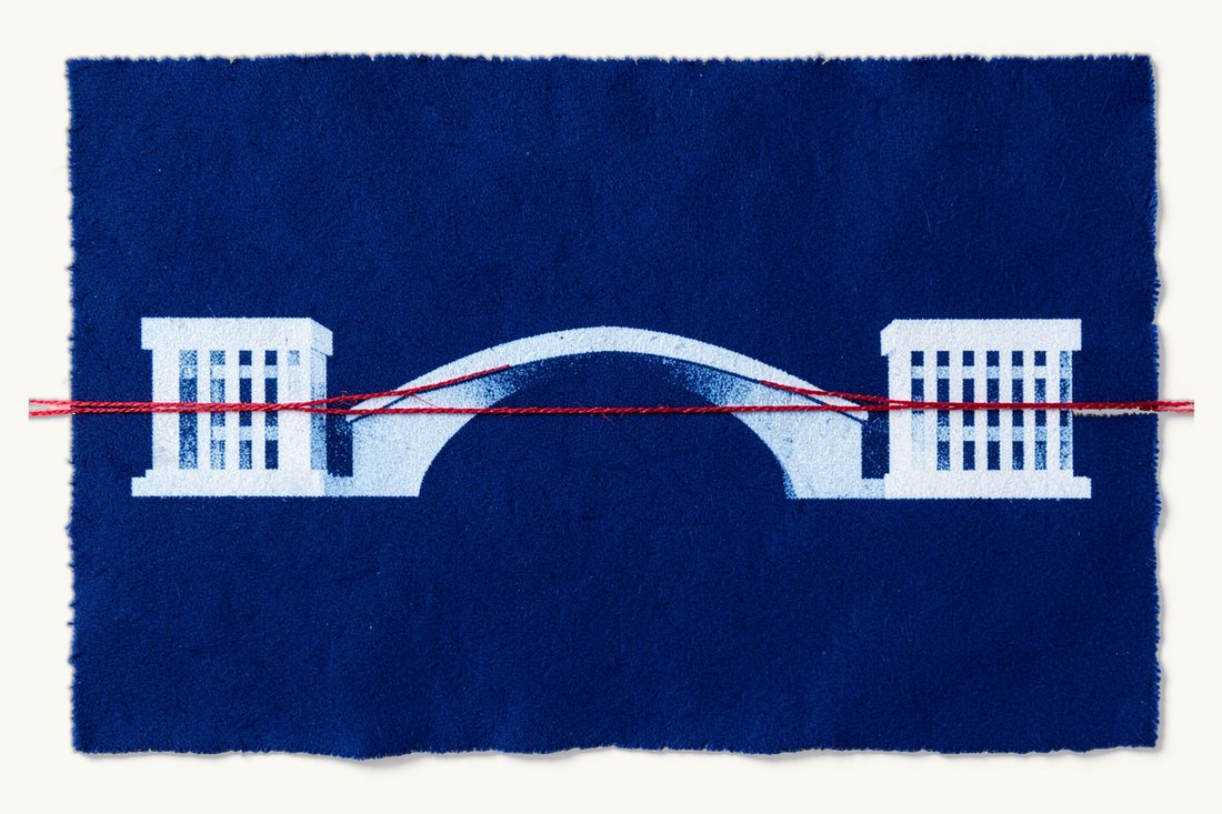 Double tax treaty relief for foreign companies: a large arched bridge joining an office block at each end, with one red thread running over the arch, cyanotype print