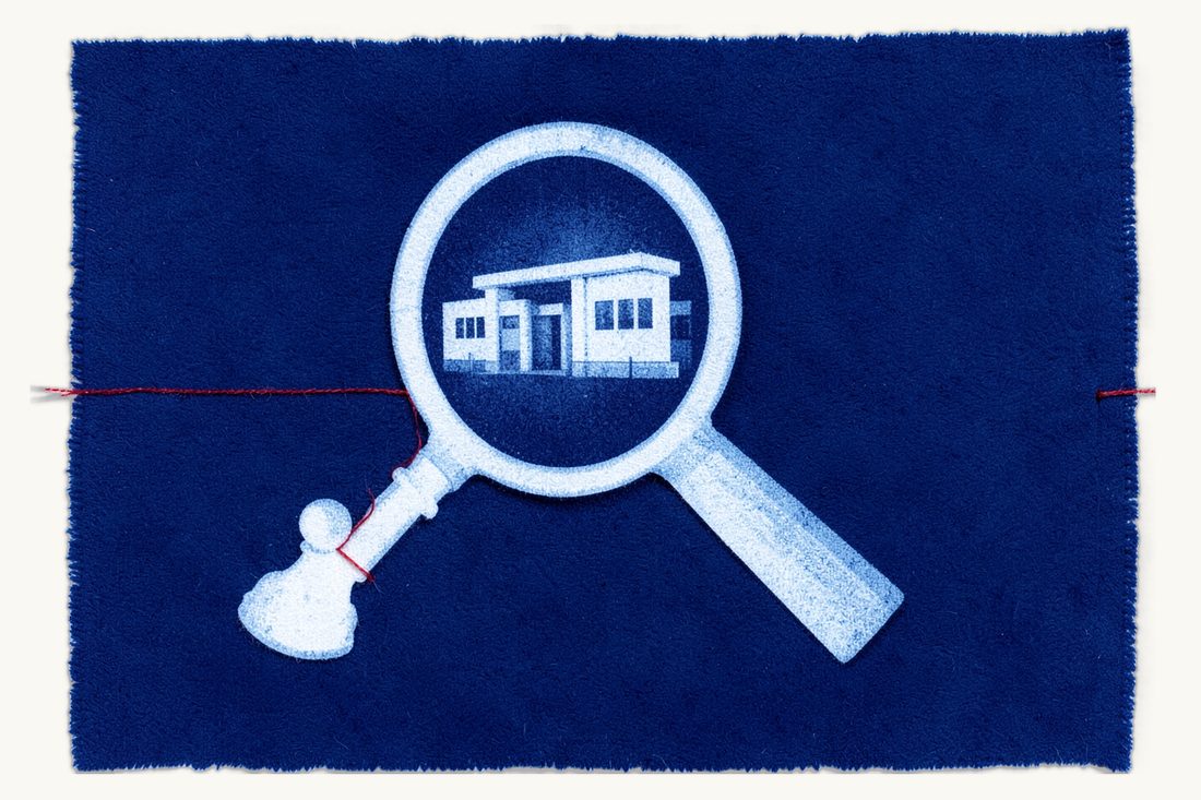 Legal due diligence on a Turkish company: a magnifying glass over a plain low office block, a chess pawn at lower left and a red thread running to the lens rim, cyanotype print