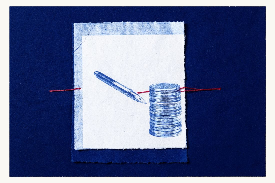 Contract terms to settle before wiring payment: a blank sheet of paper with a fountain pen resting on it, joined by a red thread to a tall stack of silver coins, cyanotype print