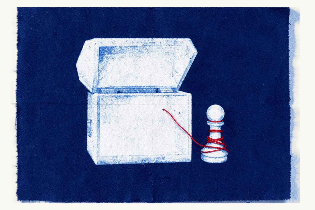 Embezzlement and breach of trust under Turkish criminal law: a large strongbox standing open and empty, a red thread from inside it wound around a small pawn beside it, cyanotype print