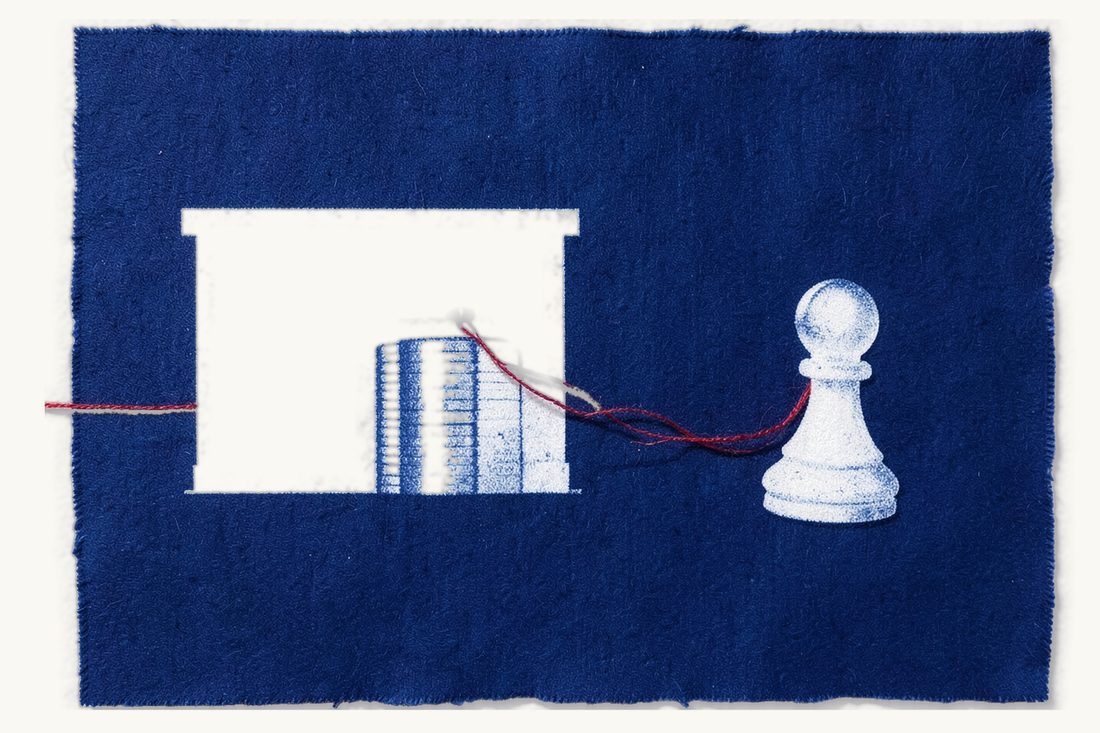 A director or employee misusing company assets: an office block with a stack of silver coins at its foot, a red thread drawing the coins away to a lone chess pawn, cyanotype print