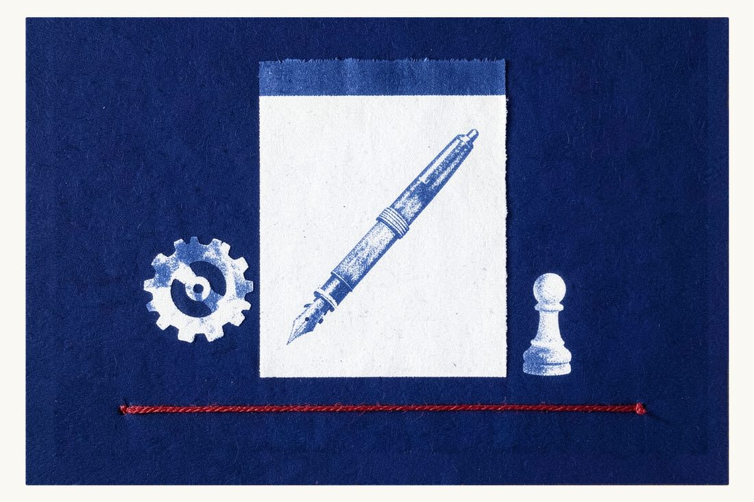 Employment contracts for foreign employers in Türkiye: a large blank sheet with a fountain pen, a gear wheel and a small pawn beside it, a red thread laid as a floor beneath, cyanotype print
