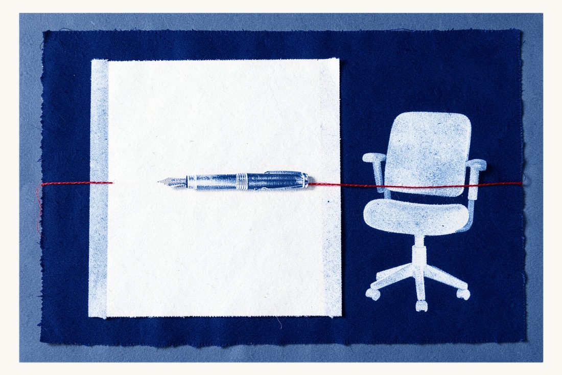 Essential terms of a Turkish employment contract: a large blank sheet with a fountain pen across it, a red thread from the pen tied to an empty office swivel chair, cyanotype print