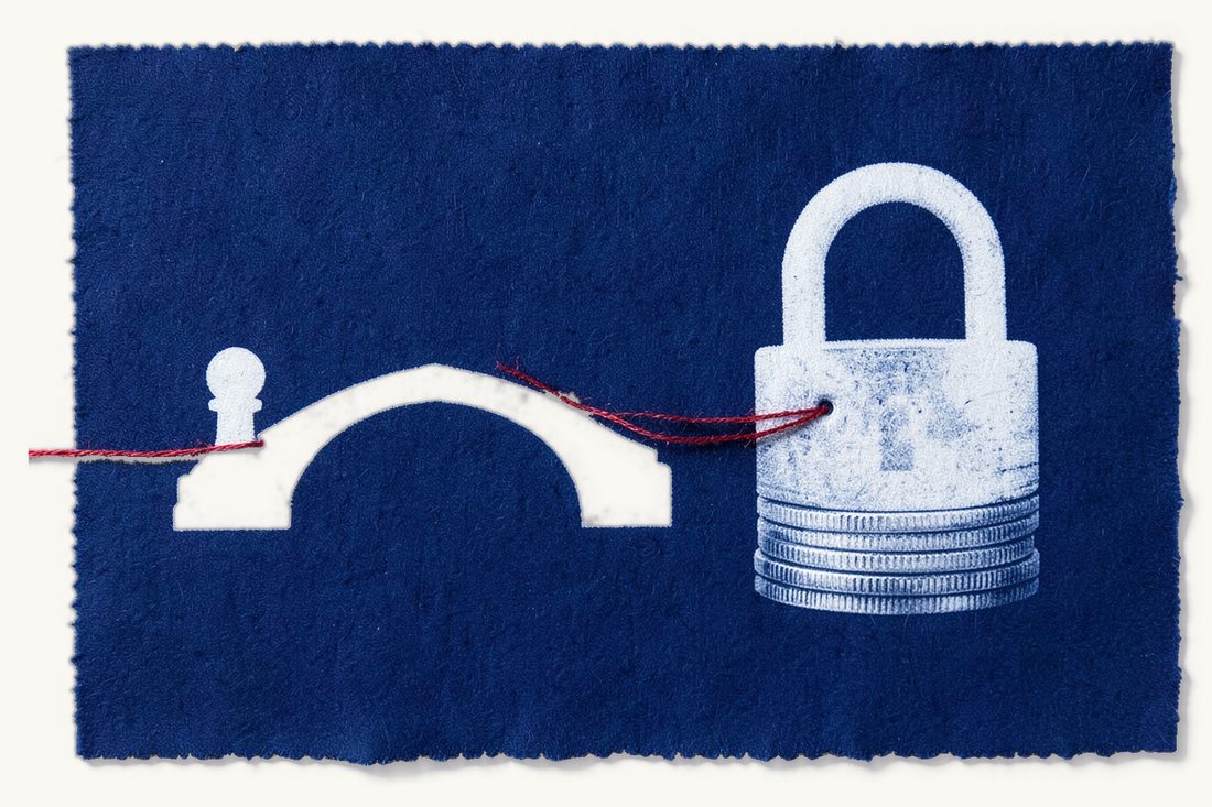 Enforcing a foreign judgment against assets in Türkiye: a red thread runs from a chess pawn over a simple arched bridge and is tied to a large padlock on a stack of silver coins, cyanotype print
