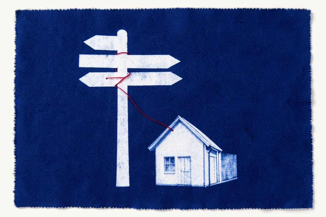 Which court decides the tenfiz and where to file: a tall signpost with blank arrows, a red thread from one arrow to a small house with a thick antique book beside it, cyanotype print