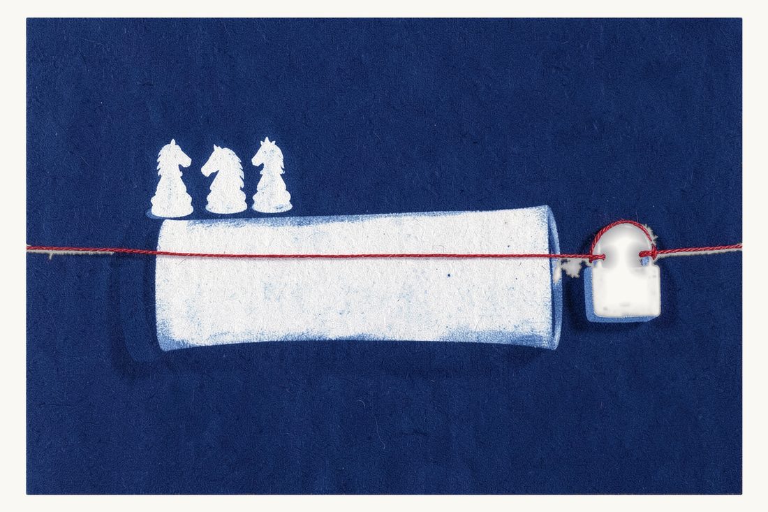 Enforcing a foreign arbitral award in Türkiye: a large blank rolled scroll tied with a red thread, three chess knights behind it and the thread wound round a small padlock, cyanotype print