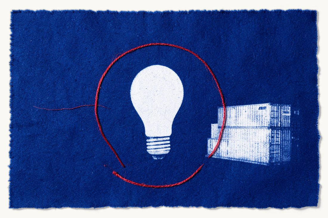 IP enforcement against counterfeit goods in Turkey: a large lightbulb inside a wide red thread circle, a stack of plain shipping containers kept outside the circle, cyanotype print