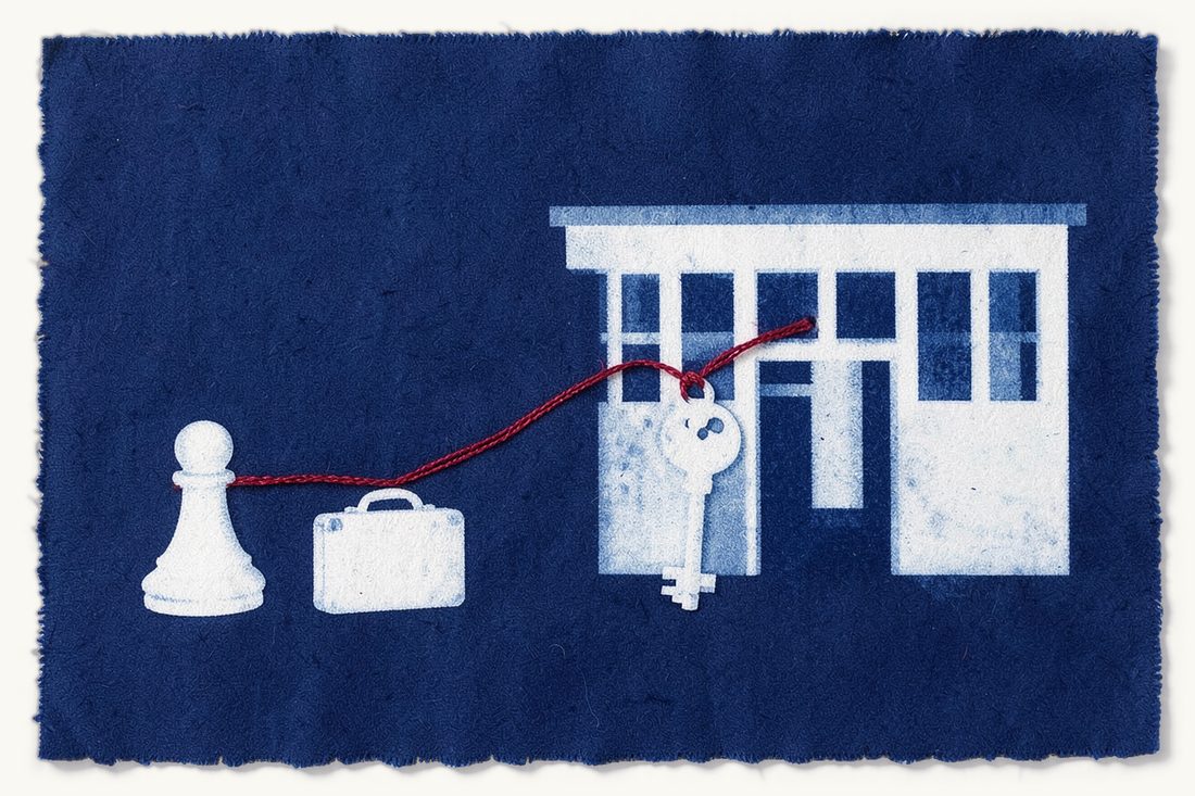 Foreign ownership of a Turkish company: a large office block with a big old key at its door, tied by a red thread to a chess pawn with a suitcase, cyanotype print