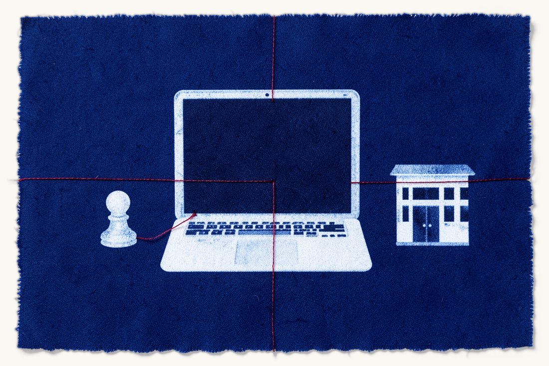 Step-by-step company registration in Turkey: a large laptop with a dark blank screen between a pawn and an office block, a red thread running from the pawn through the laptop to the block, cyanotype print