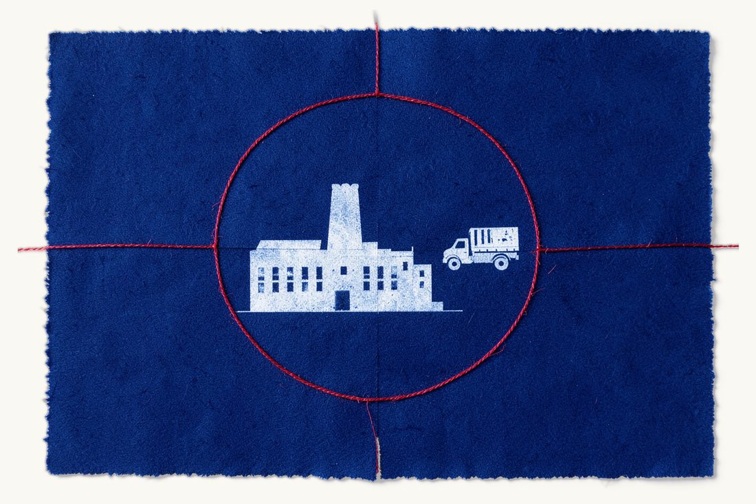 Setting up a free zone company in Turkey: a large factory inside a red thread circle, a delivery truck with a container heading for the gap, cyanotype print