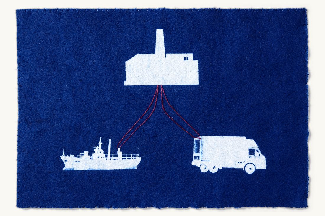 Export versus domestic sales in a free zone: a large factory with a red thread forking to a cargo ship and a delivery truck, cyanotype print