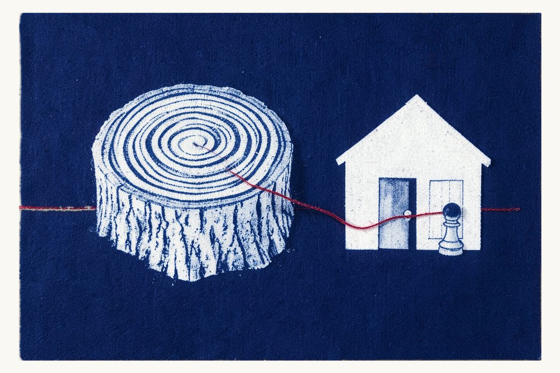 Eviction of long-term tenants in Turkey: a large tree stump showing many growth rings beside a house, a chess pawn outside the door and a cut red thread, cyanotype print