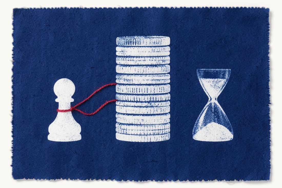 The exit payment for a partner leaving a Turkish limited company: a chess pawn tied by a red thread to a large stack of coins and on to a small hourglass, cyanotype print