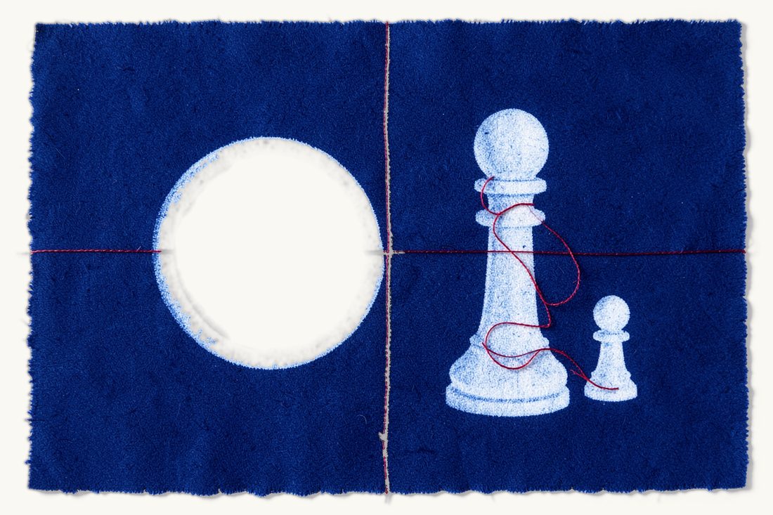 How long a family residence permit lasts: two large interlocked wedding rings, a red thread spiralling up a tall chess pawn and in a shorter spiral round a small pawn, cyanotype print