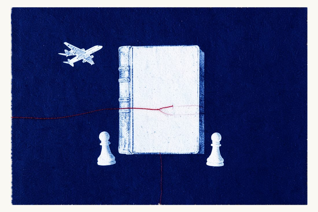 Divorce in Turkey for foreigners: a large antique book, two chess pawns standing far apart before it with a cut red thread between them, a small airplane above, cyanotype print