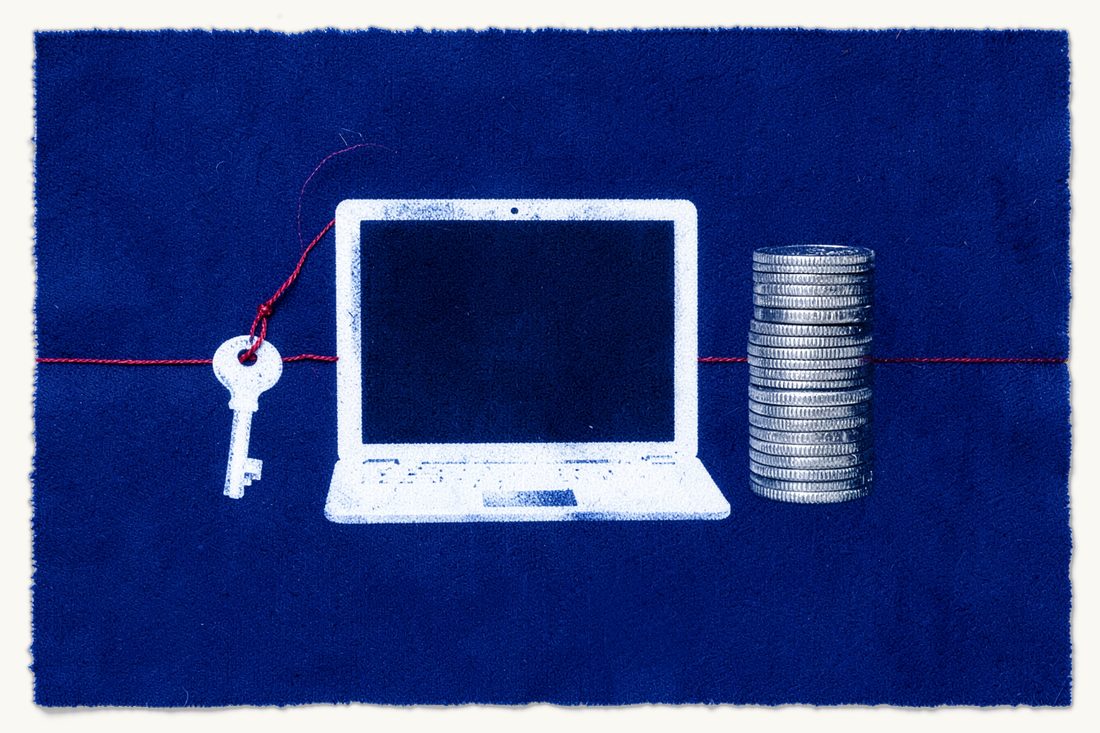Fintech license in Turkey for payments and e-money: a large blank-screen laptop, a tall coin stack beside it and an old key hanging from a red thread tied to the laptop, cyanotype print