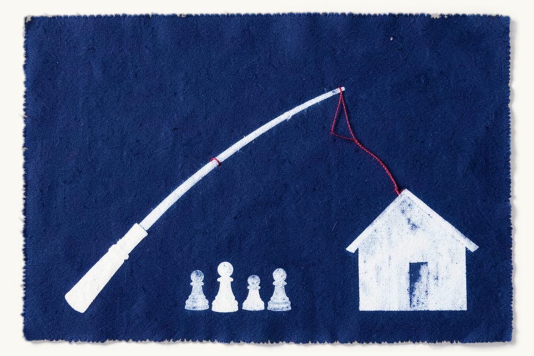 Forced heirship and clawback of inheritance (tenkis) in Türkiye: a long fishing rod whose red line hooks a small house and reels it back toward three chess pawns, cyanotype print