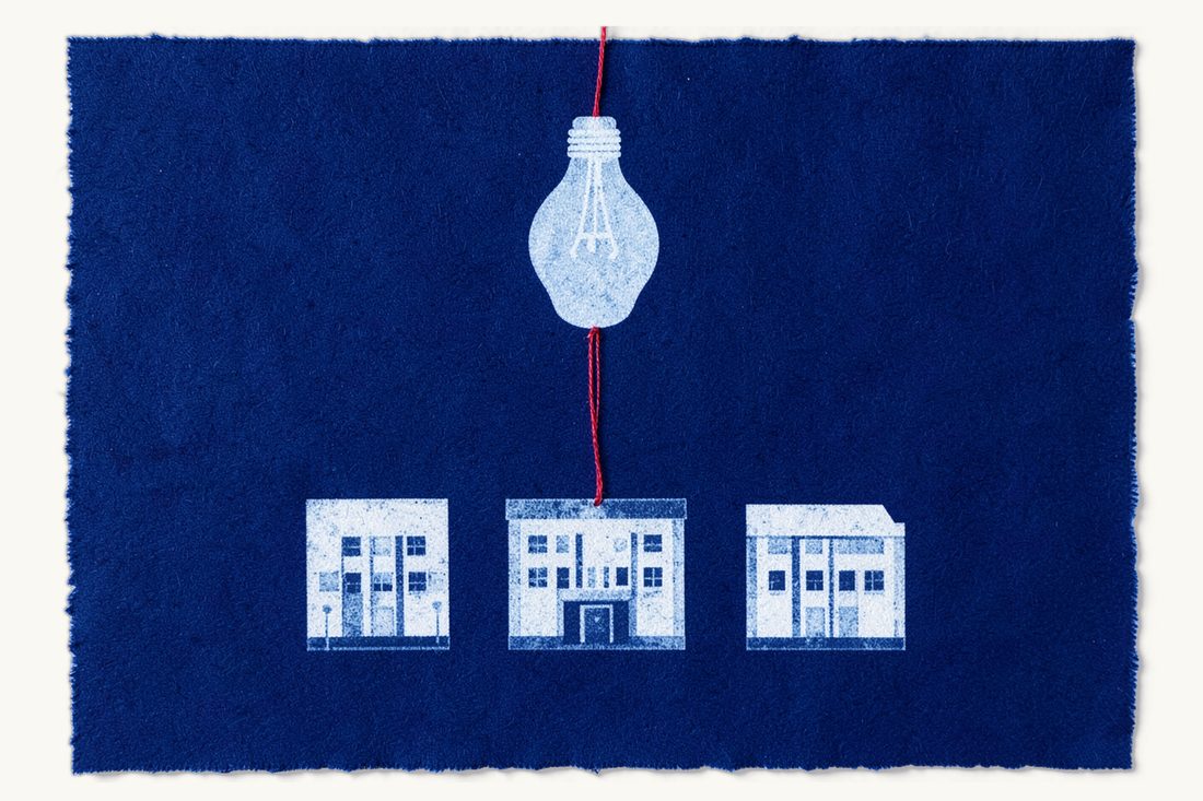 Franchising in Türkiye for foreign franchisors: a lightbulb at the top with a red thread running down to link three identical office blocks in a row, cyanotype print