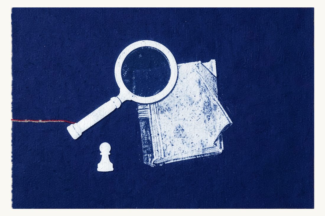Negligent bankruptcy and the trader's standard of care: a large magnifying glass over a thick antique book, a red thread running from it to a small chess pawn, cyanotype print