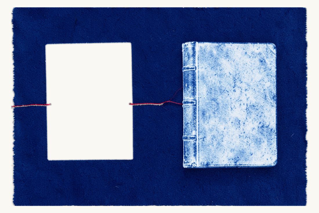 Governing law and jurisdiction in Turkish commercial contracts: a contract sheet with a fountain pen on the left, a thick antique book on the right, joined by a red thread, cyanotype print