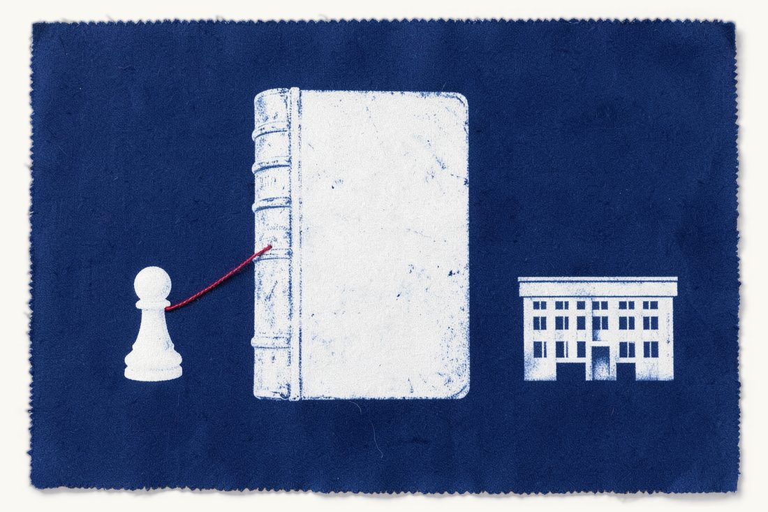 Parent and subsidiary liability in Turkish company groups: a large antique law book with a red thread running from a small chess pawn into it and on to a small office block, cyanotype print