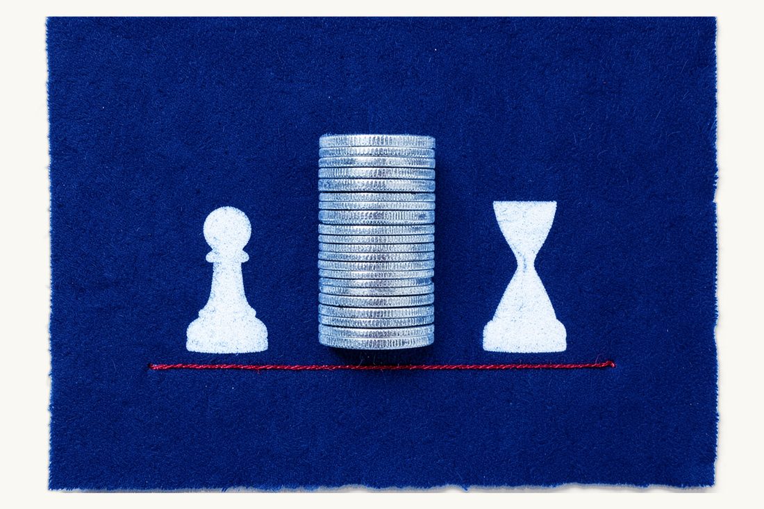 Minimum wage, working time and statutory benefits: a tall coin stack between a small pawn and an hourglass, all resting on one straight red thread, cyanotype print