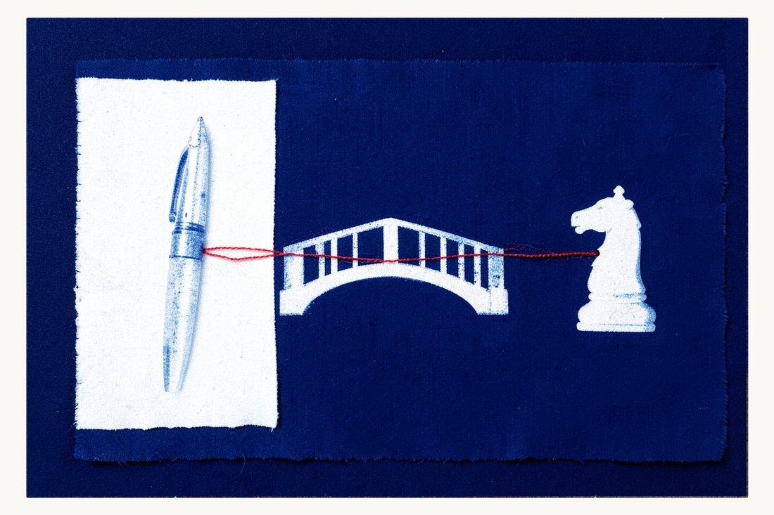 Power of attorney granted from abroad for use in Türkiye: a blank sheet with a fountain pen, an arched bridge and a chess knight linked by a red thread, cyanotype print