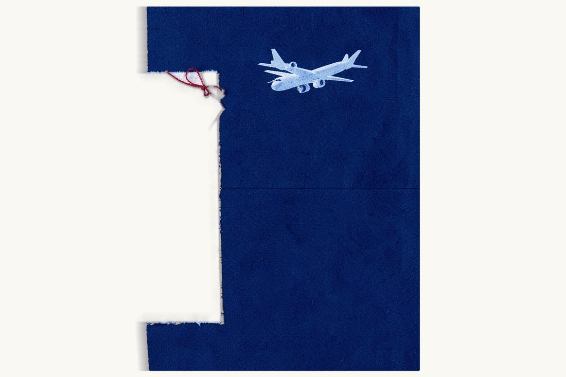 Local notary plus an apostille: a blank sheet with a fountain pen lying across it, a small blank tag tied to its corner with red thread, a small airplane above, cyanotype print