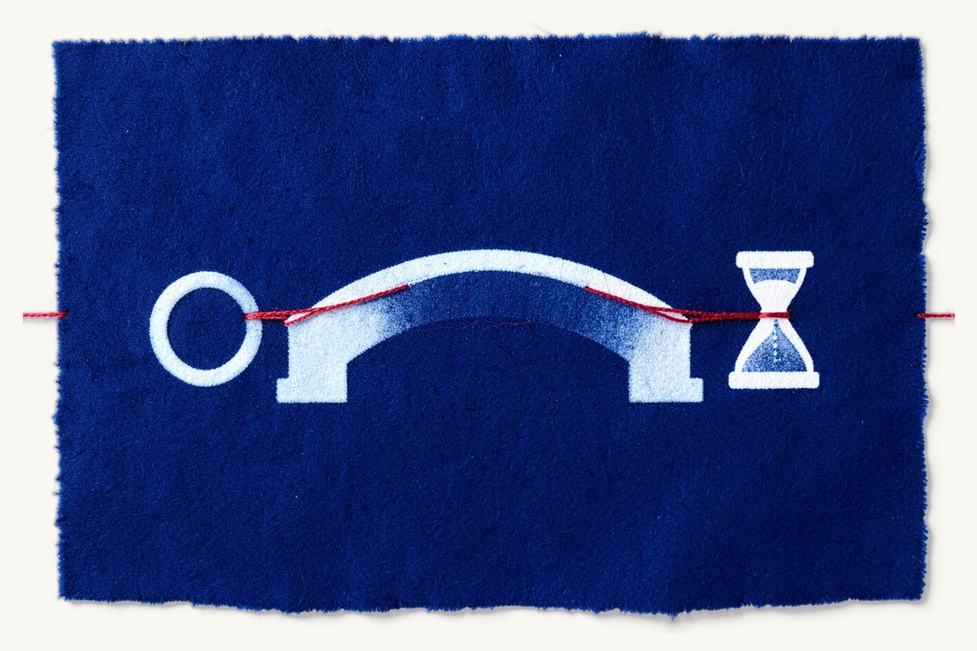 Recognition of a foreign divorce judgment and its speed: an arched bridge, two separate wedding rings at one end, a small hourglass at the other, red thread over it, cyanotype print