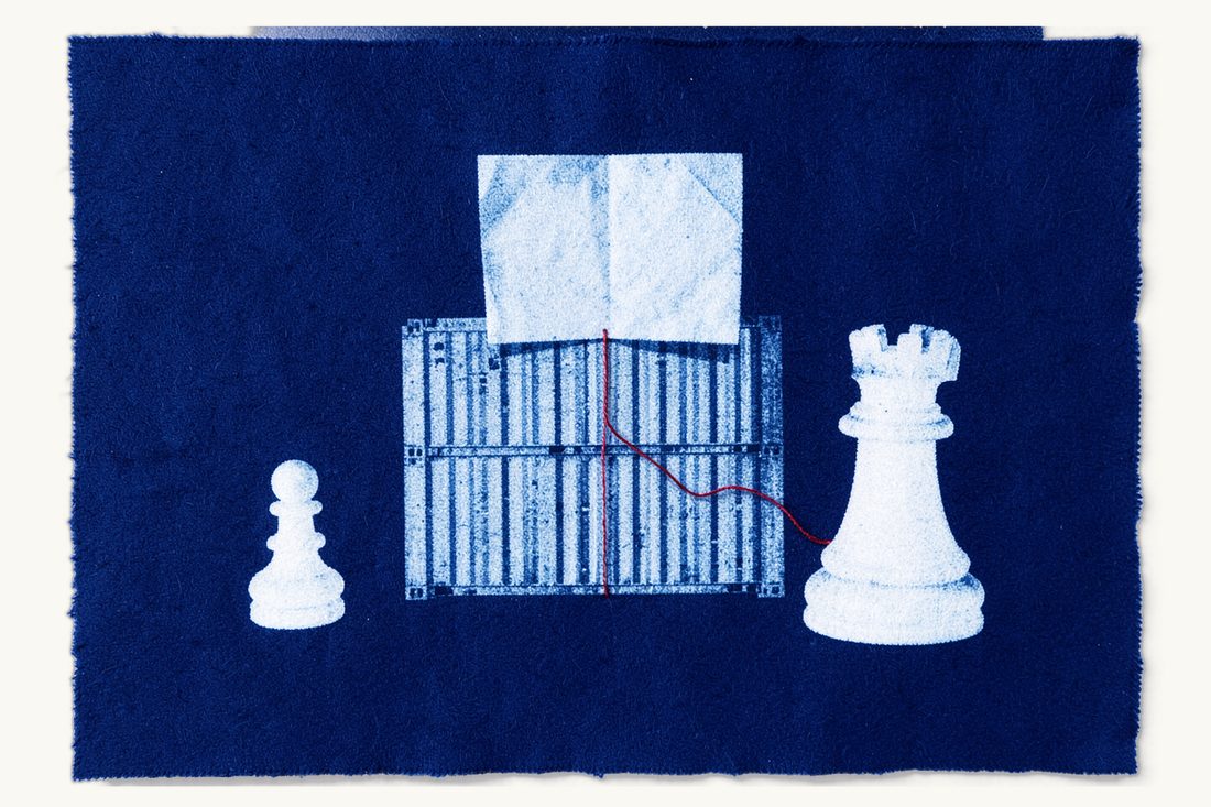 Customs responsibility of the importer of record: stacked shipping containers with a folded sheet on top, a red thread leading to a chess rook, a pawn standing apart, cyanotype print
