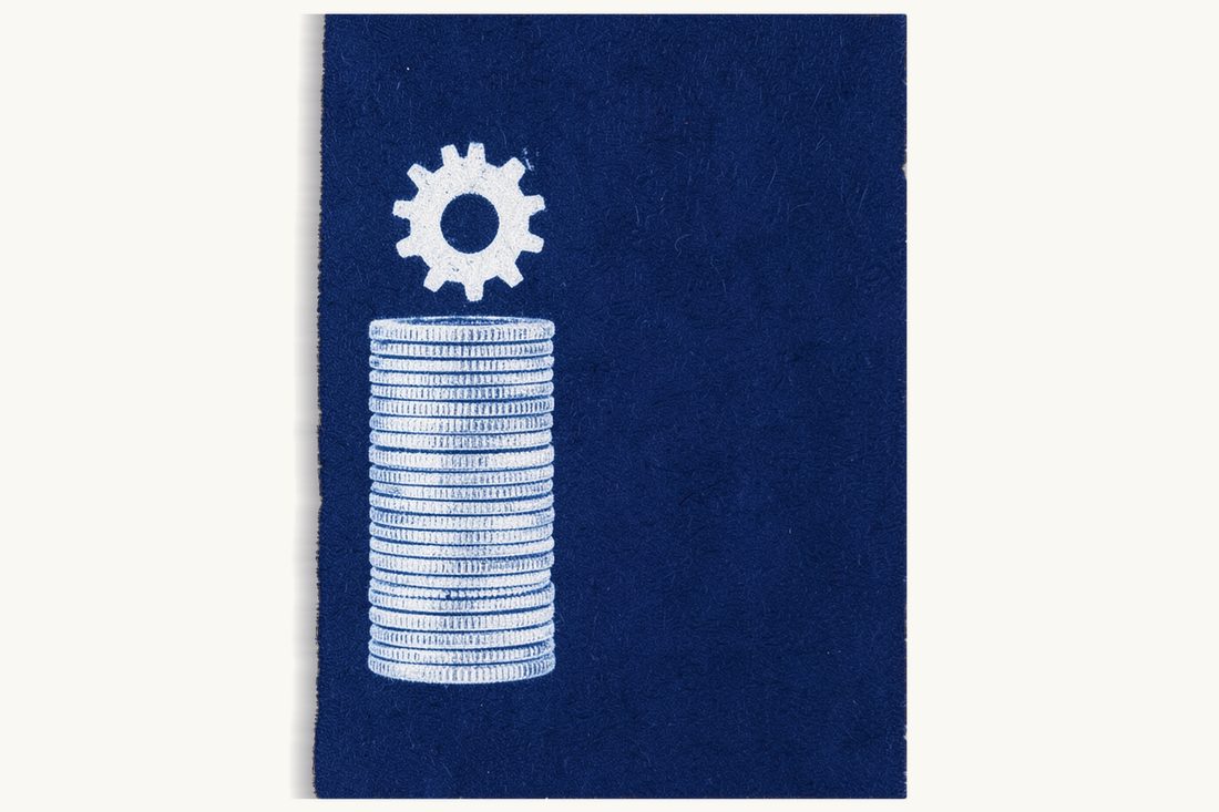 Personal income tax versus corporate tax: two tall silver coin stacks side by side split by a vertical red thread, a pawn on the taller one, a gear wheel on the other, cyanotype print