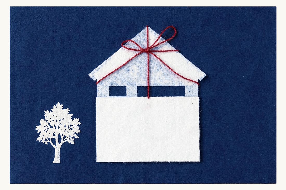 A hidden sale disguised to evade heirs: a large house wrapped like a present with a red thread bow, half hidden behind a blank upright sheet, a small leafy tree apart at left, cyanotype print