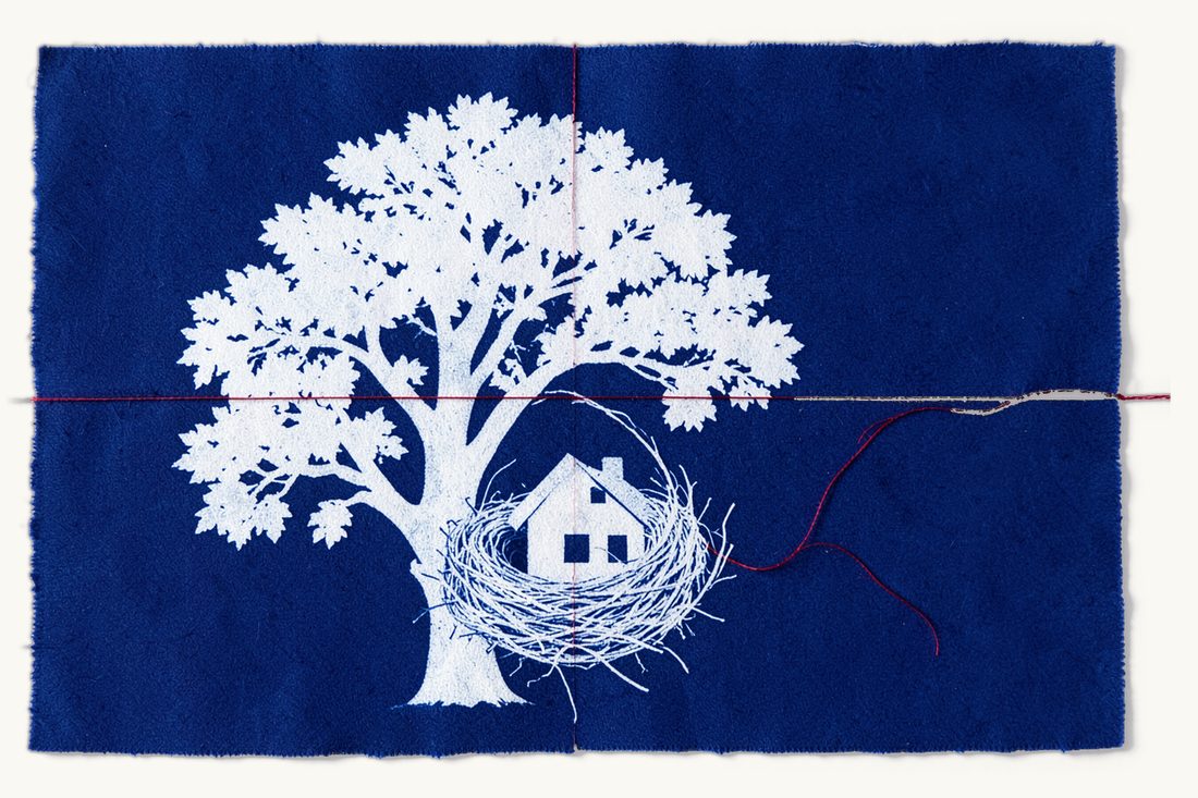 Recovering the asset itself, a worked example: a small house resting back in a bird's nest in a leafy tree, a red thread curving home into it, cyanotype print