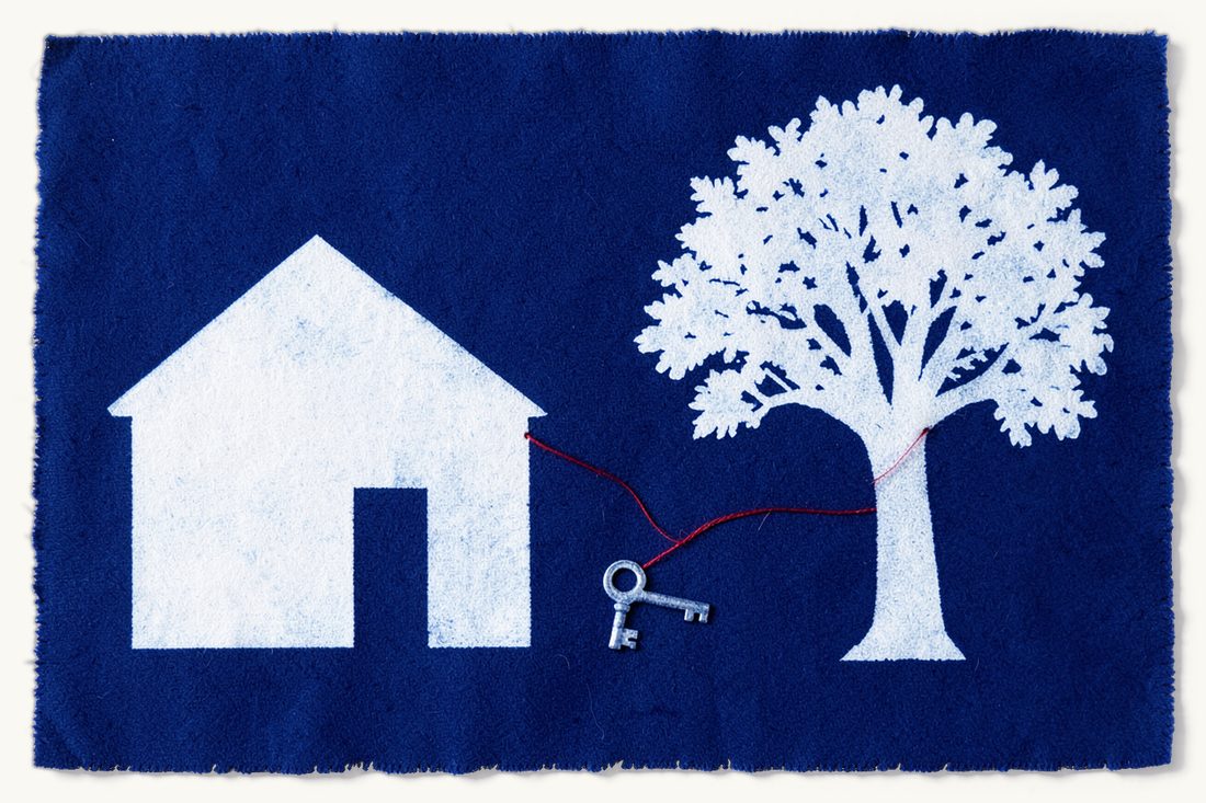 Inheriting Turkish real estate as a foreigner: a large house with a pitched roof beside a leafy tree, an old key at the door tied to the tree with red thread, cyanotype print