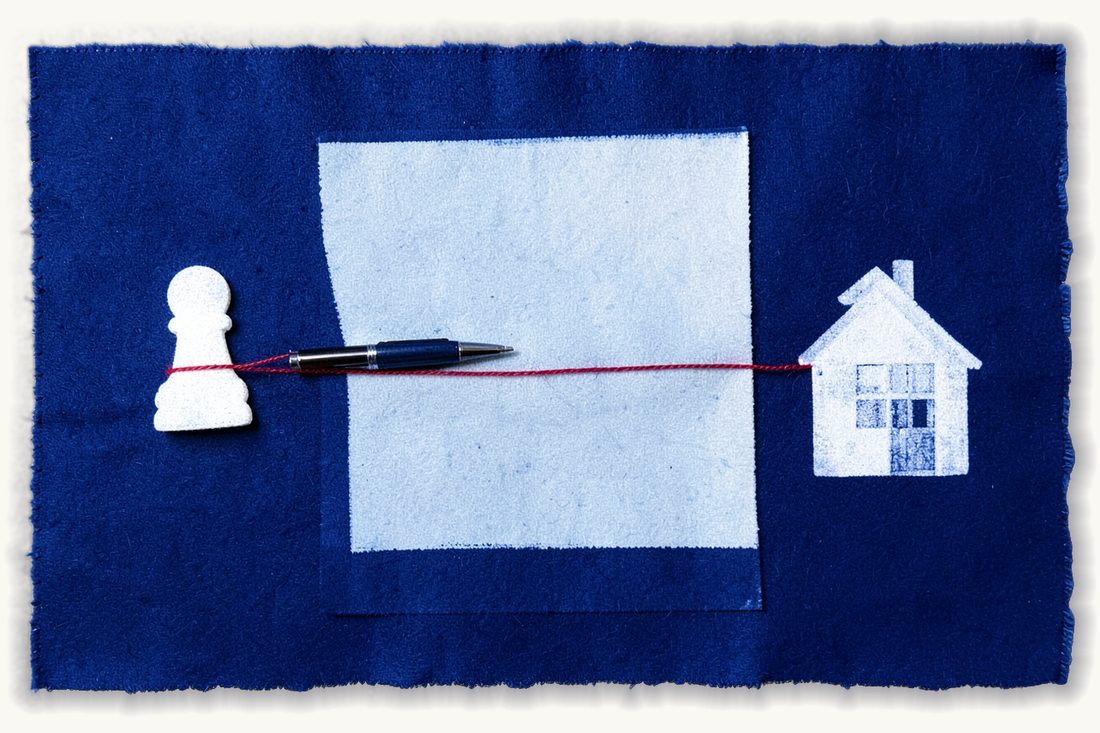Inheriting Turkish property without travelling: a large sheet of paper with a fountain pen across it, a red thread running from a chess pawn on the left to a chess knight beside a house on the right, cyanotype print