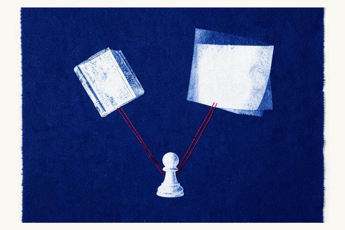 Choosing between arbitration and Turkish court litigation: a small pawn whose red thread forks into two paths, one to an antique book and one to a folded sheet, cyanotype print