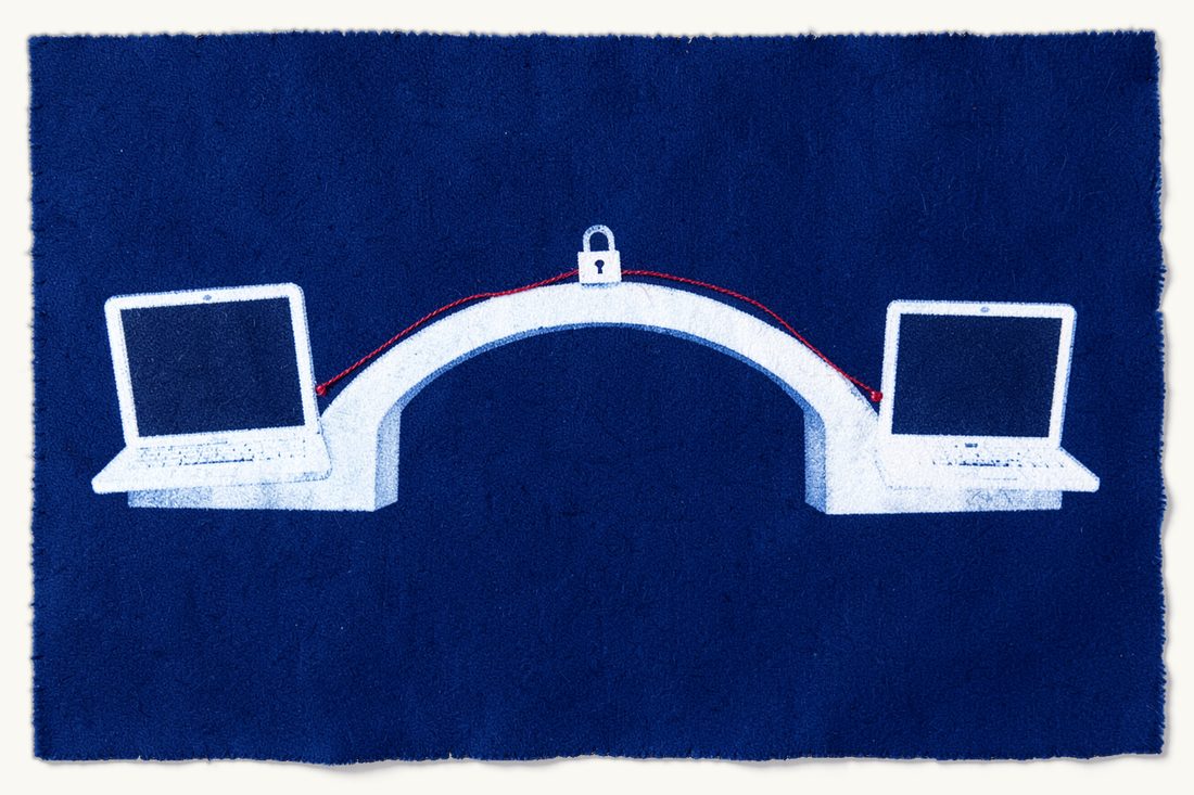 Cross-border transfers of special-category data after the 2024 amendment: an arched bridge with a laptop at each end and a padlock hanging from the red thread over the arch, cyanotype print