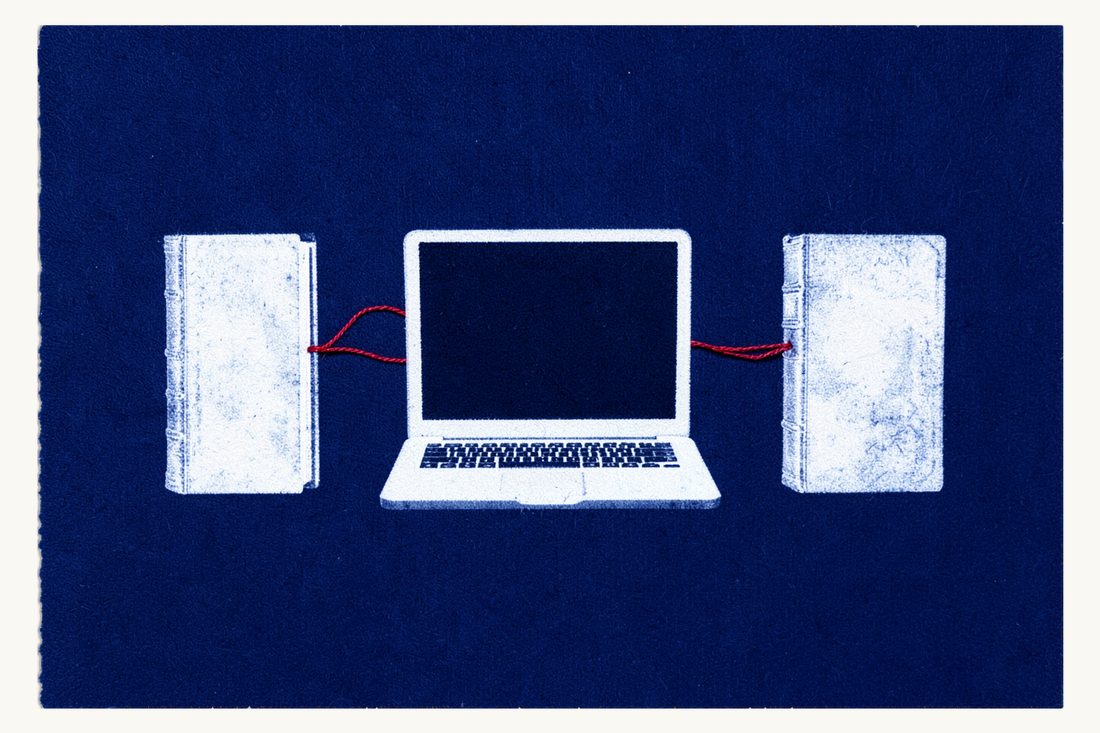 KVKK versus GDPR for foreign companies: a laptop with a blank screen between two identical thick antique books, a red thread arching from one book over the laptop to the other, cyanotype print