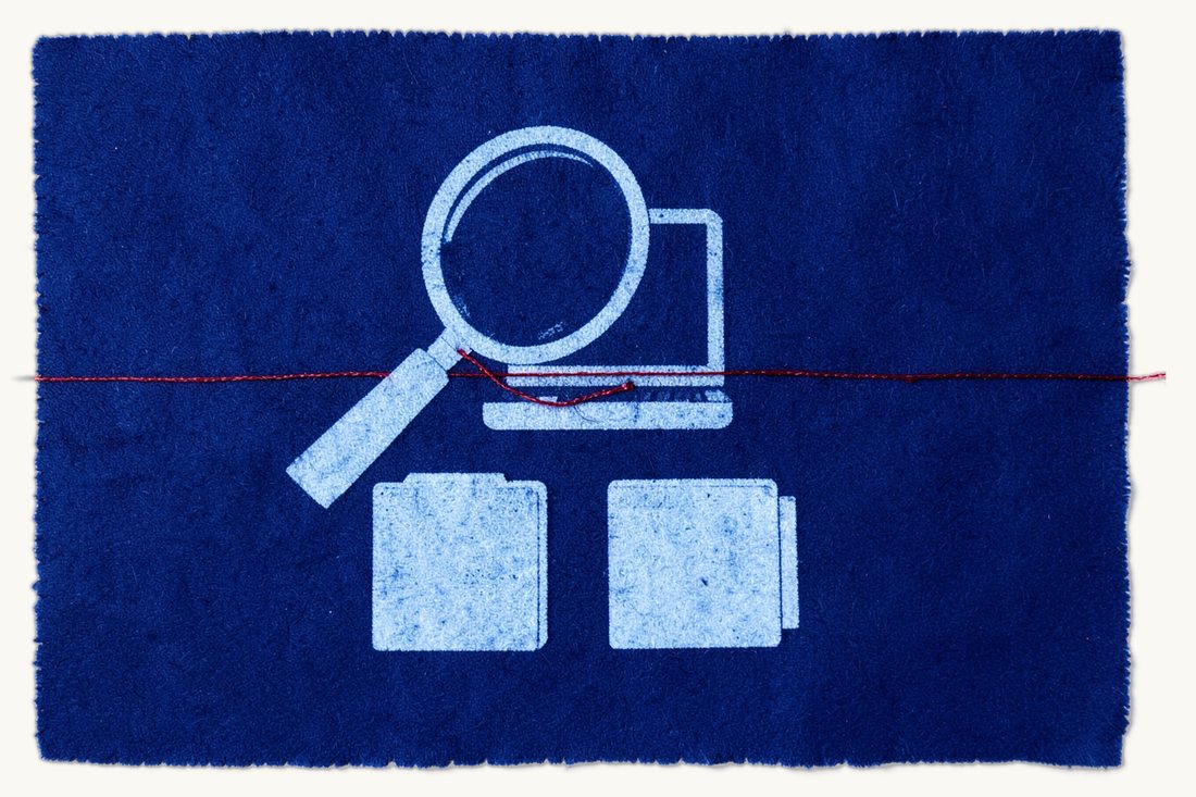 Data protection gap analysis between KVKK and GDPR: a magnifying glass over a laptop with a dark screen, a red thread linking two document folders beneath it, cyanotype print