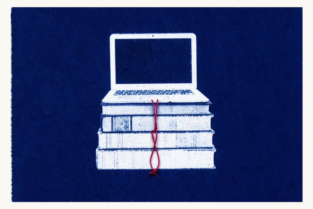 Legal bases for lawful processing of personal data: a laptop with a blank screen resting on a stack of three thick antique books, a red thread wound around the stack, cyanotype print