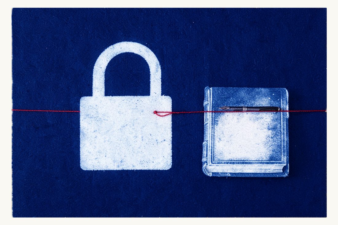 A detainee's right to a lawyer and consular access in Turkey: a large closed padlock tied by a red thread to a thick closed book with a fountain pen lying on top, cyanotype print