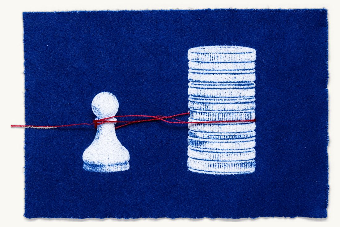 Unjust enrichment in Türkiye, recovering money: a chess pawn tied by a taut red thread to a tall stack of plain silver coins seen from the side, cyanotype print
