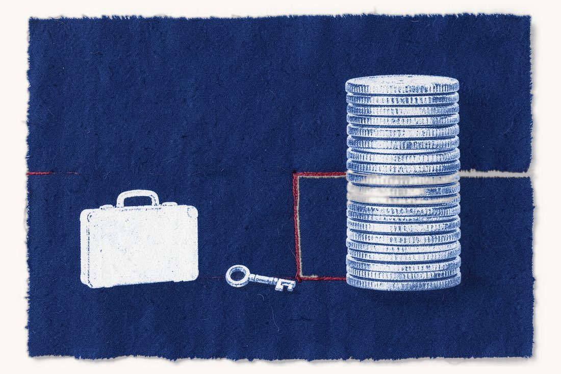 Cost, timeline and the Turkish bank-account hurdle: a tall silver coin stack closed in by a red thread rectangle with one small gap, a suitcase waiting before it and an old key between, cyanotype print