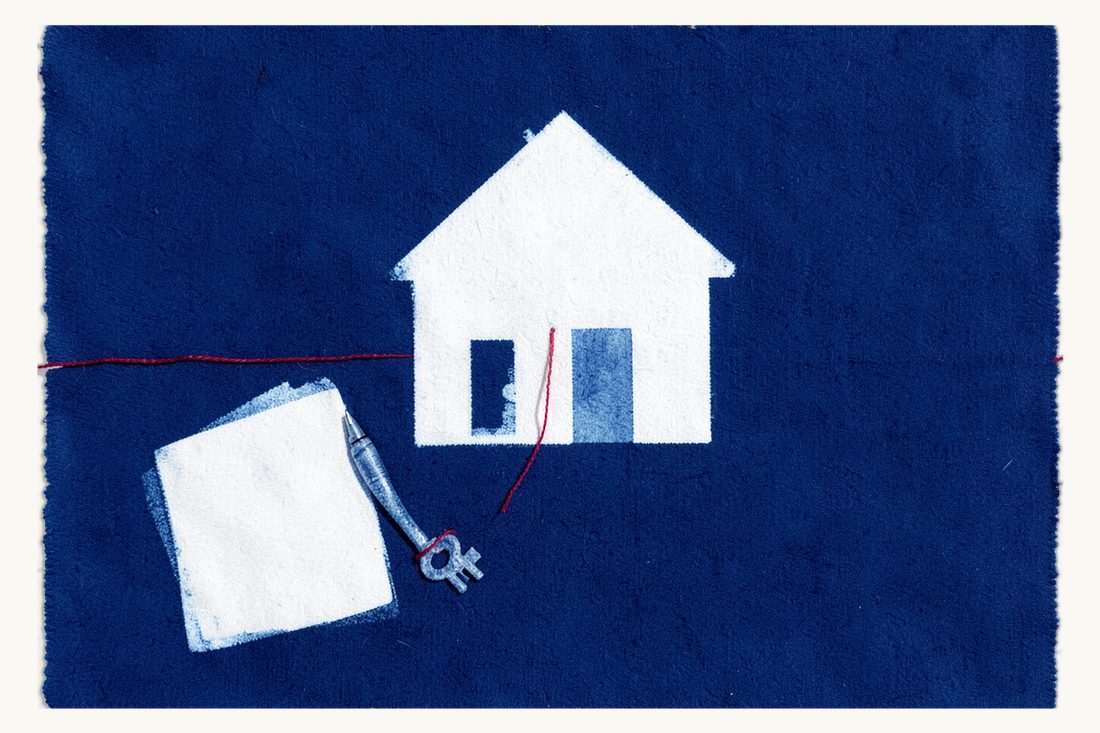 Lease agreement law in Turkey: a large house, a blank sheet with a fountain pen at lower left, and a red thread to an old key leaning on the door, cyanotype print