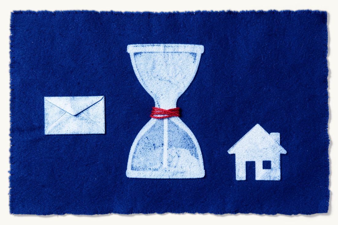 Lease expiry and termination in residential and commercial leases: a large hourglass wrapped in a red thread, a closed envelope on the left and a small house on the right, cyanotype print