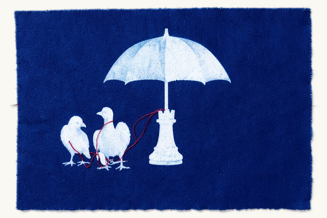 Leniency in Turkish competition law for cartel members: a large open umbrella sheltering one chess rook, while two other rooks on the left stay bound together by a red thread, cyanotype print