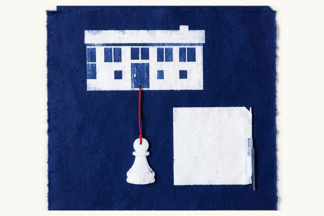 Personal criminal liability of company directors in Turkey: a large office block whose red thread drops to loop around one lone pawn beside a blank sheet and pen, cyanotype print