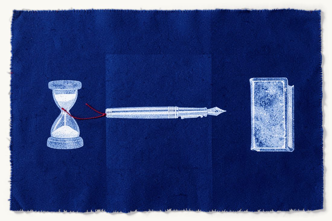 Written application to the university before a lawsuit: a blank sheet with a fountain pen at the centre, a red thread running from a small hourglass through the pen to a thick book, cyanotype print