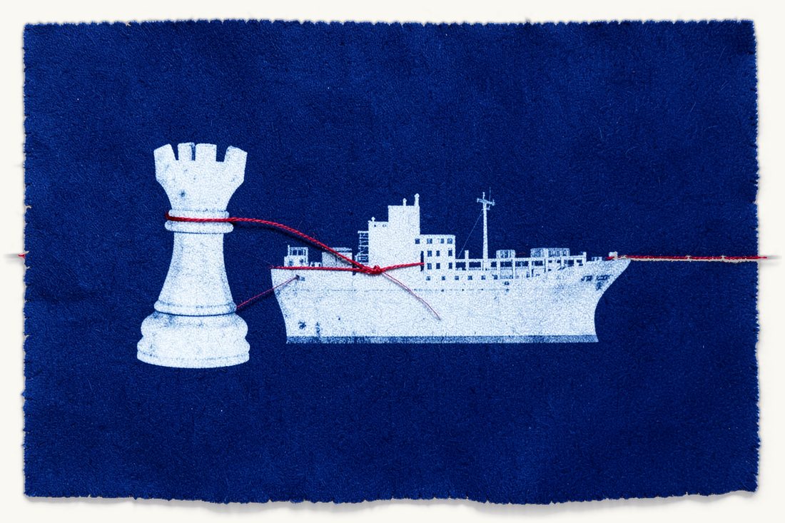Salvage reward in maritime law: a slightly listing cargo ship with a red thread drawn taut from its bow to a chess rook beside stacked silver coins, cyanotype print
