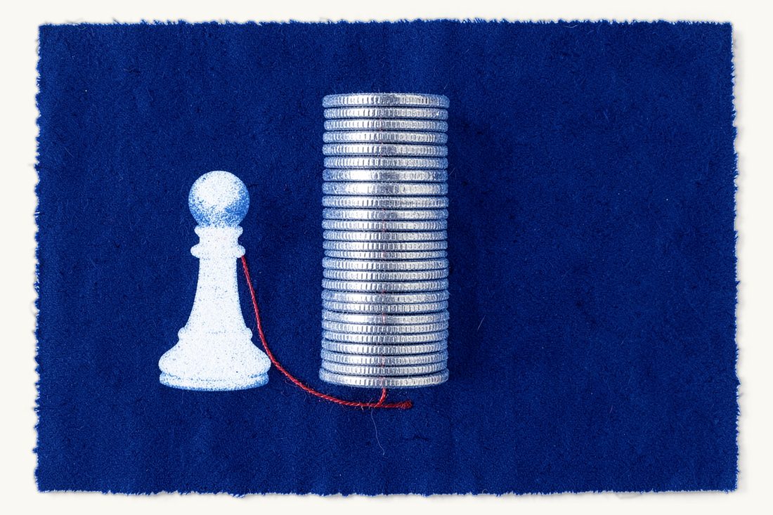 Loan and credit agreements in Türkiye: a tall stack of silver coins and a chess pawn, joined by a red thread forming one closed loop out and back, cyanotype print